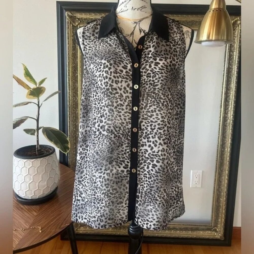 Guess animal print blouse size small, gold buttons, black white and grey